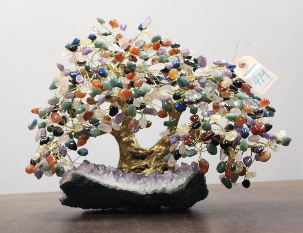 Appraisal: CHINESE SEMI-PRECIOUS AND GILT METAL TREE SCULPTURE the gilt tree