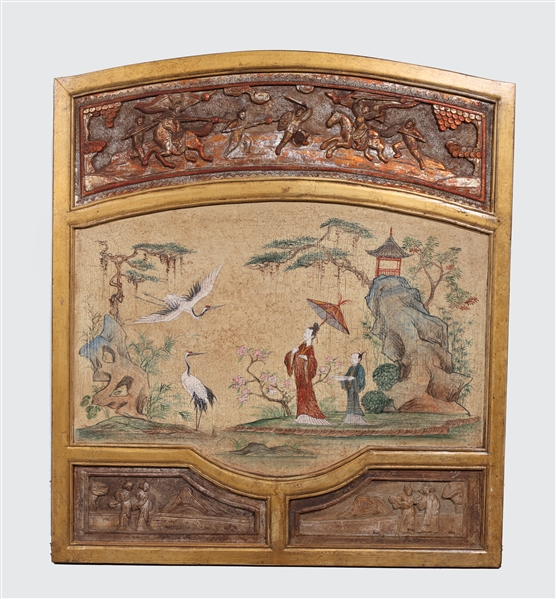 Appraisal: Carved Chinese gilded panel with center hand painted scene with