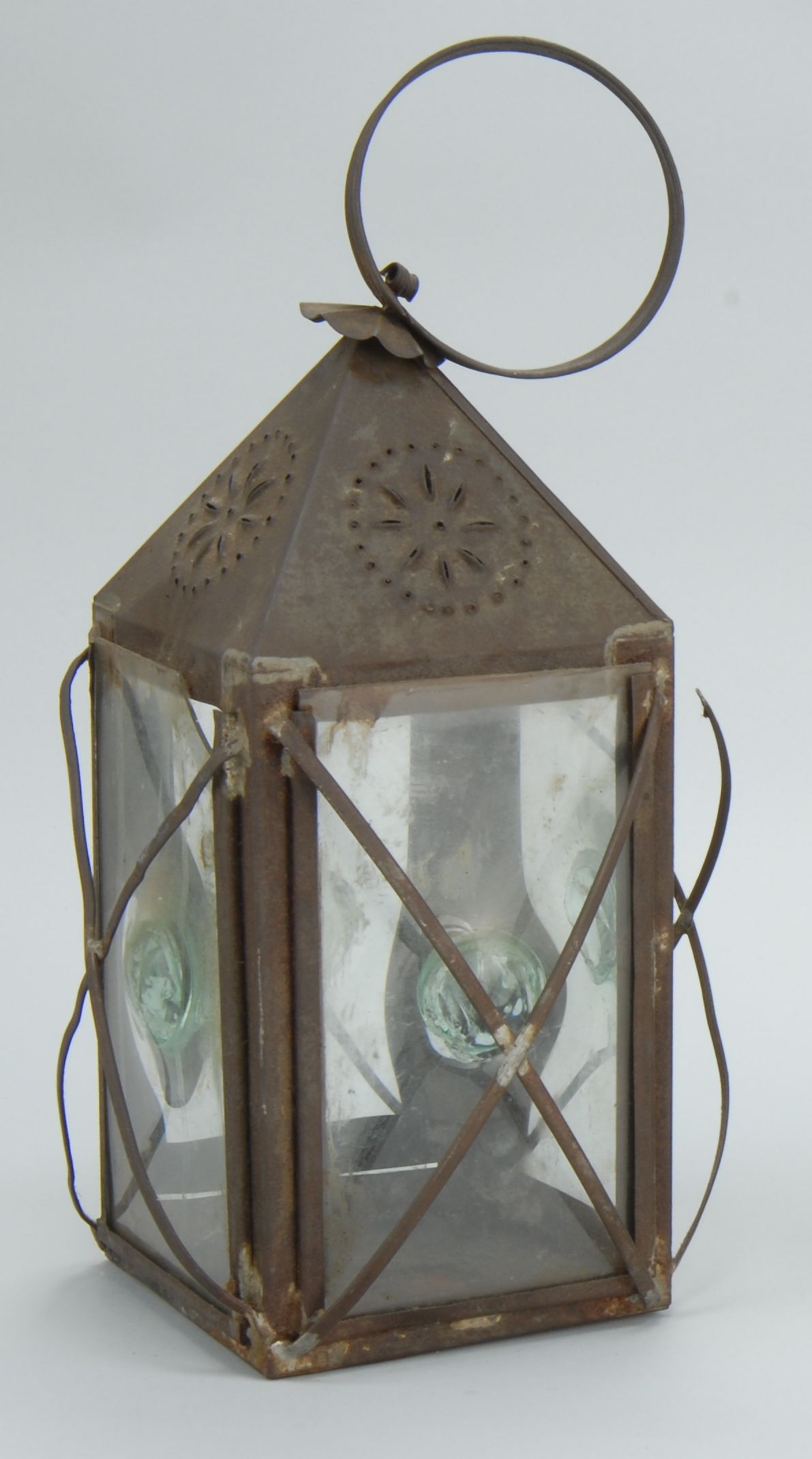 Appraisal: TIN FOUR-SIDED HANGING LAMP th CenturyWith bull's-eye glasses Height excluding