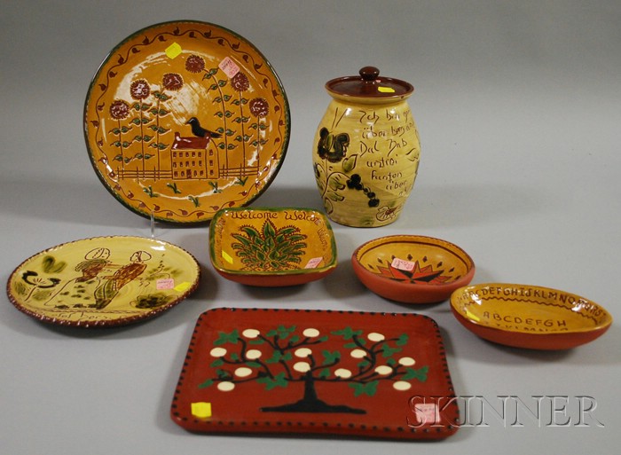 Appraisal: Seven Pieces of Assorted Contemporary Decorated Redware including a covered