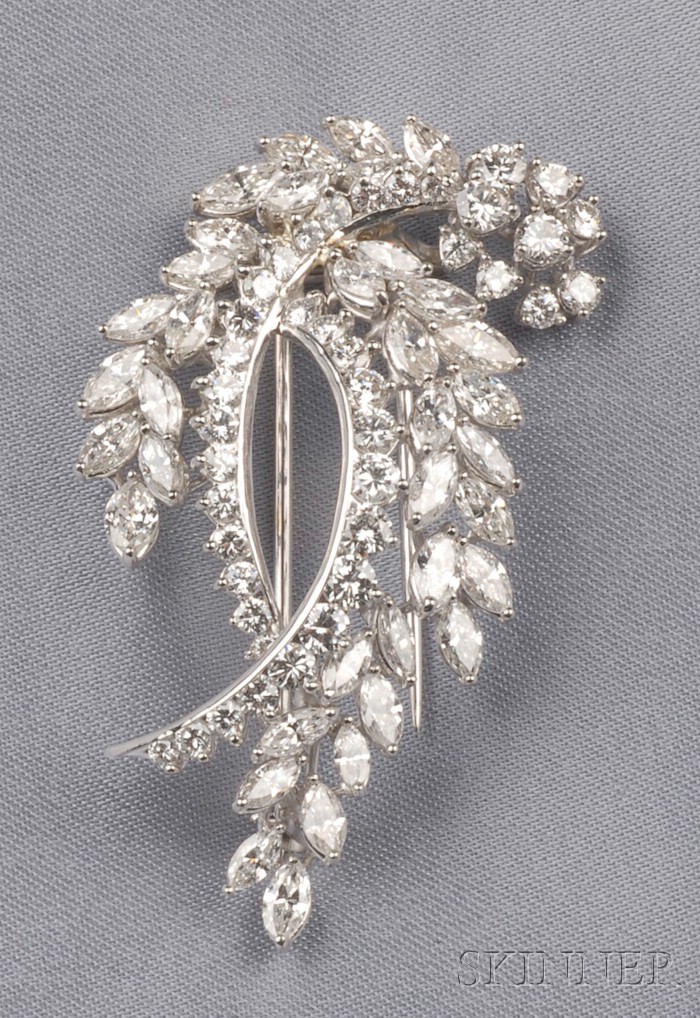 Appraisal: Platinum and Diamond Double Leaf Brooch set throughout with marquise