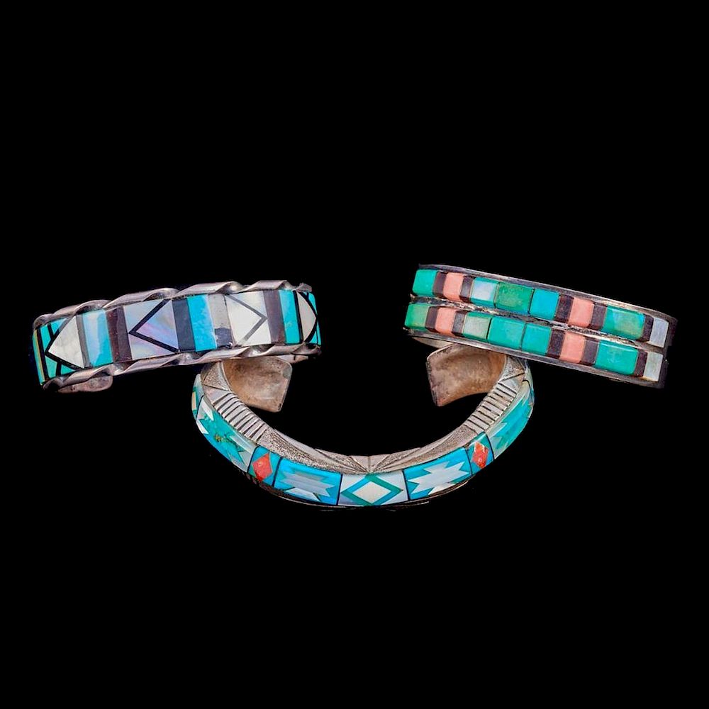 Appraisal: NAVAJO CUFF BRACELETS Three old pawn turquoise hard stone and