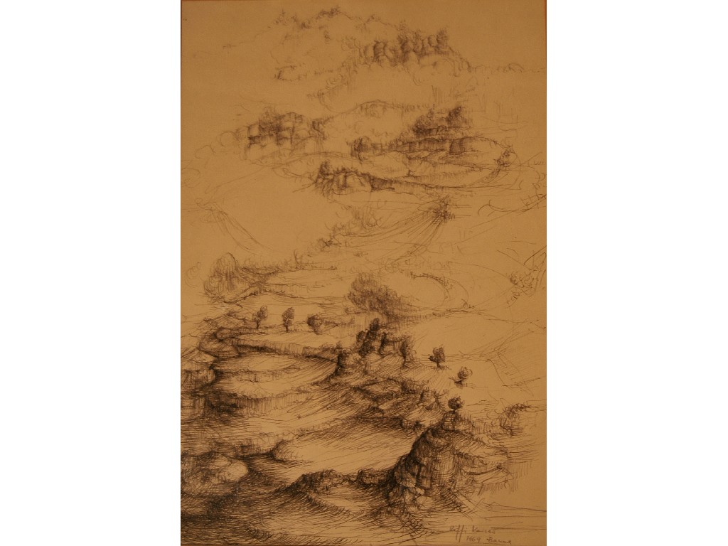 Appraisal: Raffi Kaiser - Fantastical landscape pencil and wash signed and