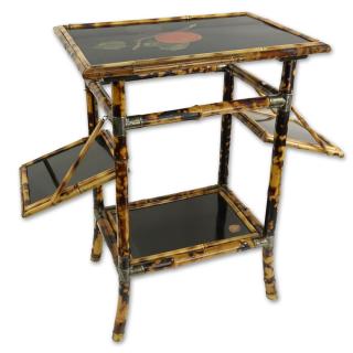 Appraisal: Vintage Lacquered Bamboo Small Table With Fold Up Shelves Decorated