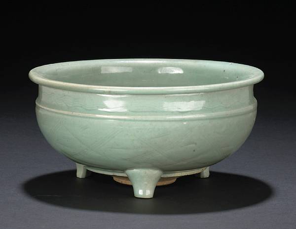 Appraisal: A celadon glazed porcelain tripod censer Ming Dynasty Of compressed