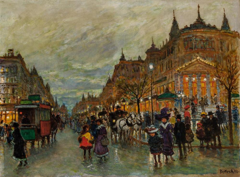 Appraisal: BERKES ANTAL Hungarian - Evening Street Scene oil on canvas