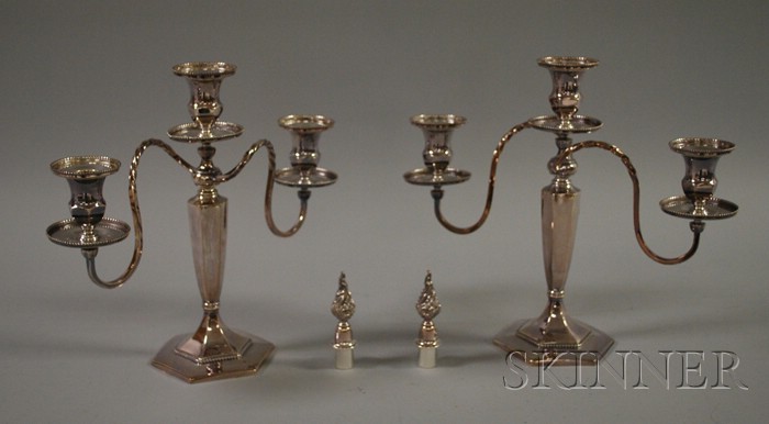 Appraisal: Pair of Silver Plated Three-Light Candelabra ht in