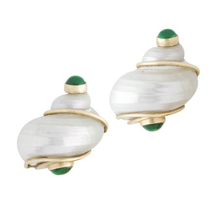 Appraisal: Pair of Gold Shell and Green Onyx Earclips Seaman Schepps