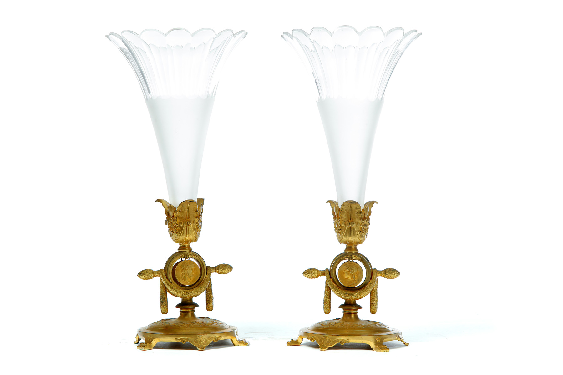 Appraisal: PAIR OF FROSTED AND CUT TRUMPET VASES IN FIRE GILDED