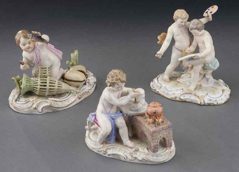 Appraisal: Meissen porcelain figural groups of puttienjoying various pursuits including pair