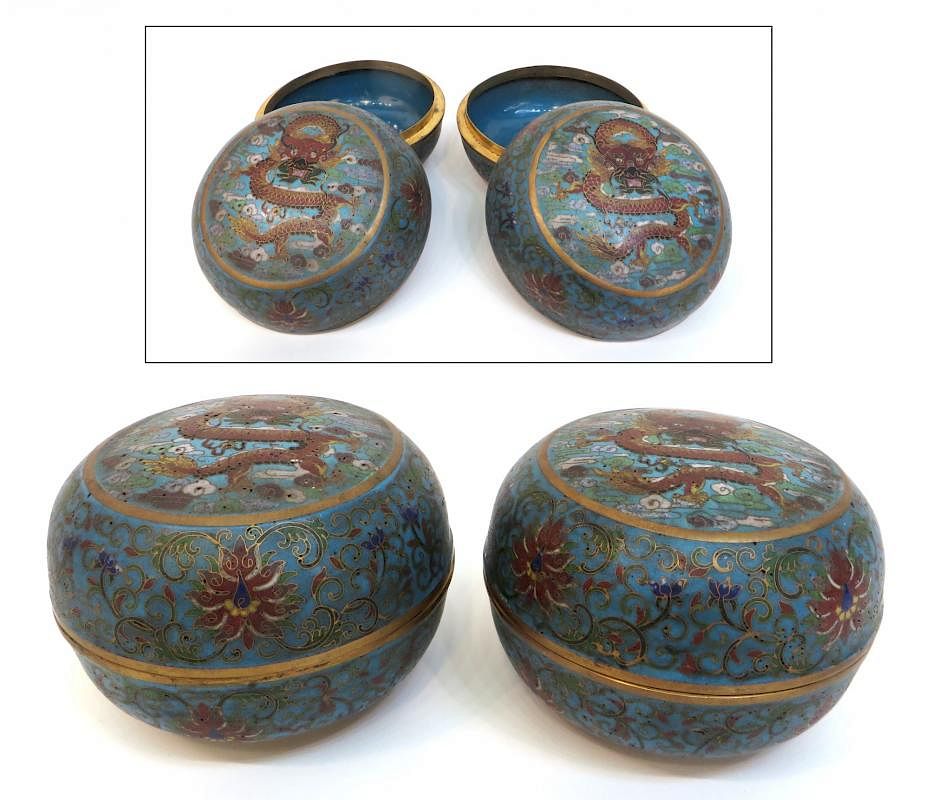 Appraisal: Pair Qianlong Cloisonne Dragon Boxes Pair Qianlong Cloisonne Dragon Boxes