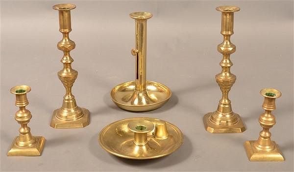 Appraisal: Grouping of Six Antique Brass Candlesticks Grouping of Six Antique