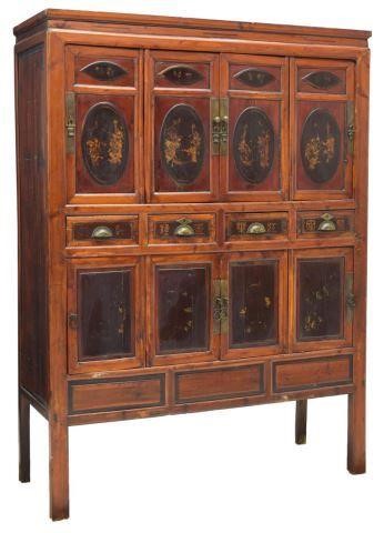 Appraisal: Chinese elmwood cabinet with painted Chinese characters and figural reserves