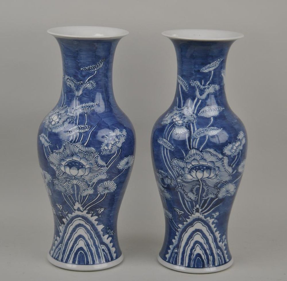 Appraisal: Pair Chinese Blue White Porcelain Vases with lotus decoration high