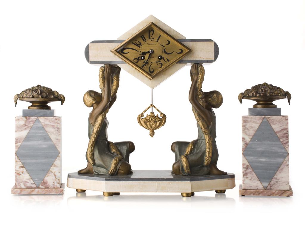 Appraisal: FRENCH ART DECO CLOCK GARNITURE S the lozenge shaped dial