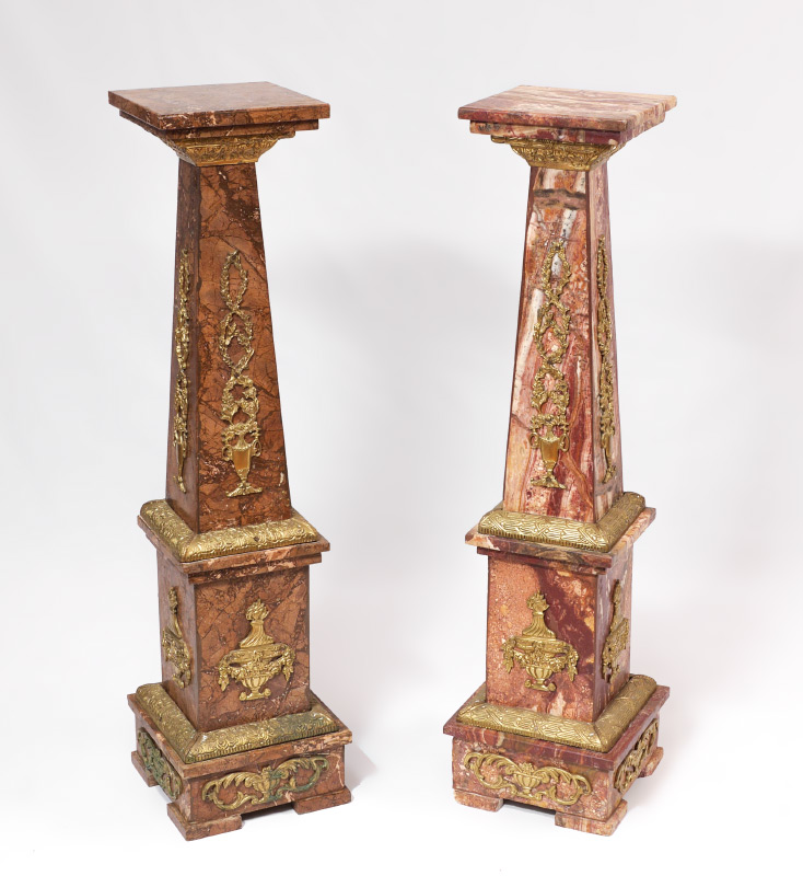 Appraisal: PAIR MARBLE AND GOLD GILT METAL PEDESTALS tapered column pedestals