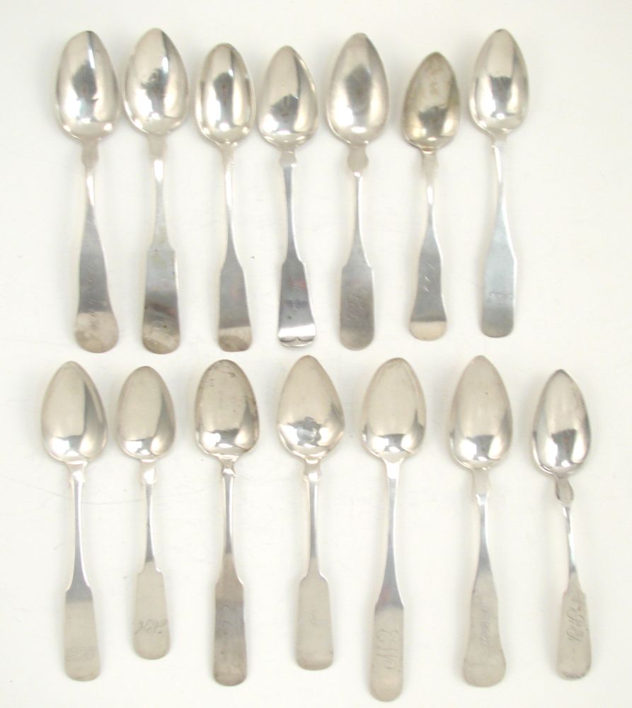 Appraisal: FOURTEEN COIN SILVER SERVING SPOONS th CenturyBy various New England