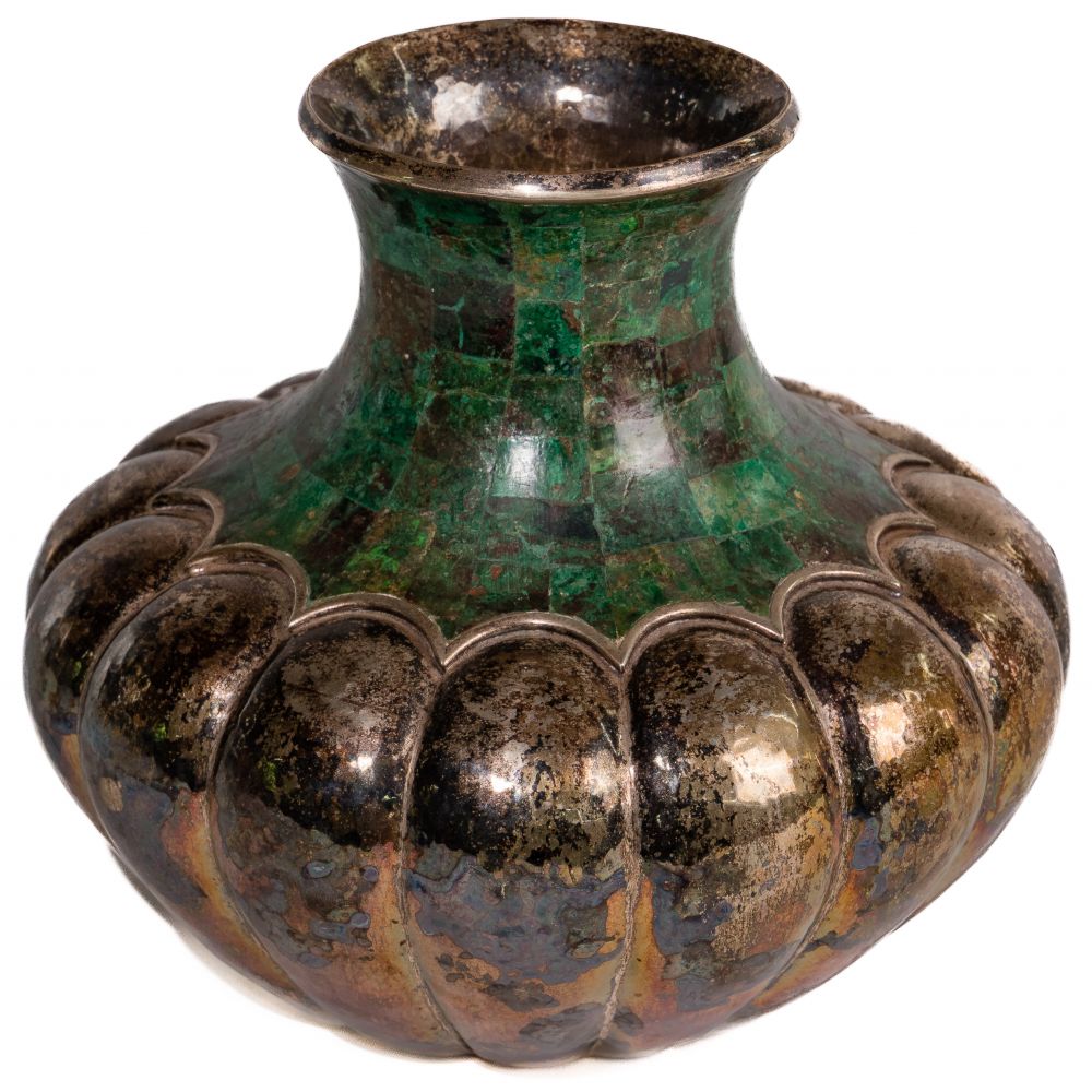 Appraisal: LOS CASTILLO SILVERPLATE AND TURQUOISE VASEHaving hammered-finish fluted lower portion