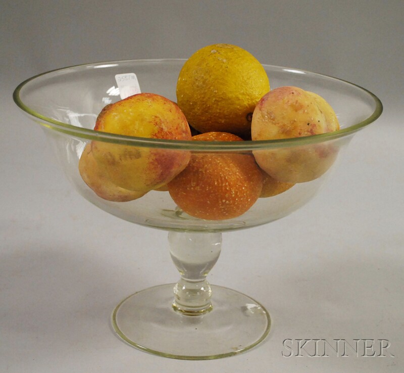 Appraisal: Colorless Glass Compote with Eight Painted Carved Stone Fruit including