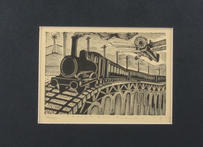 Appraisal: Woodblock print entitled Trains and Planes and dated sheet size