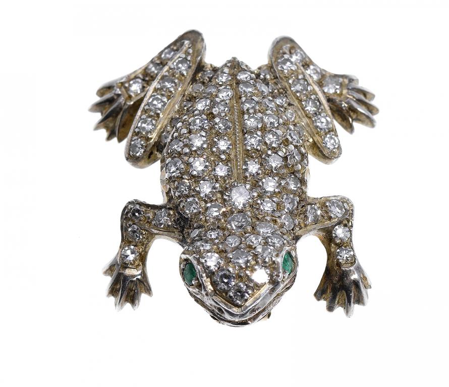 Appraisal: A DIAMOND FROG BROOCH pav set and with emerald eyes