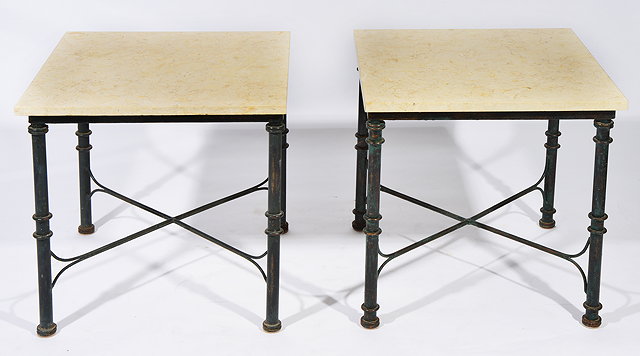 Appraisal: A PAIR OF SQUARE MARBLE TOPPED OCCASIONAL TABLES with green