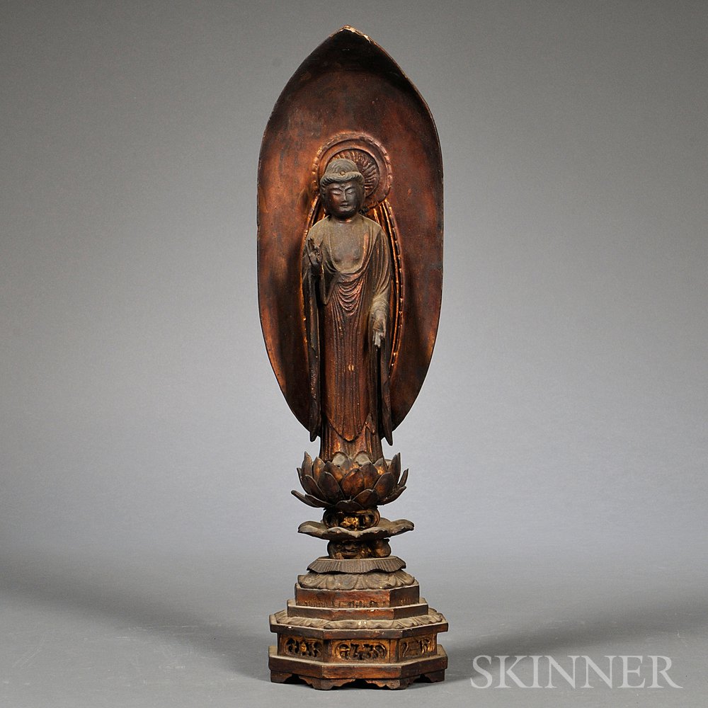 Appraisal: Lacquered Wood Figure of Buddha Japan in standing pose hands