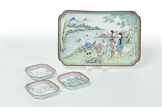 Appraisal: FOUR ENAMELED TRAYS China late th-early th century Largest is