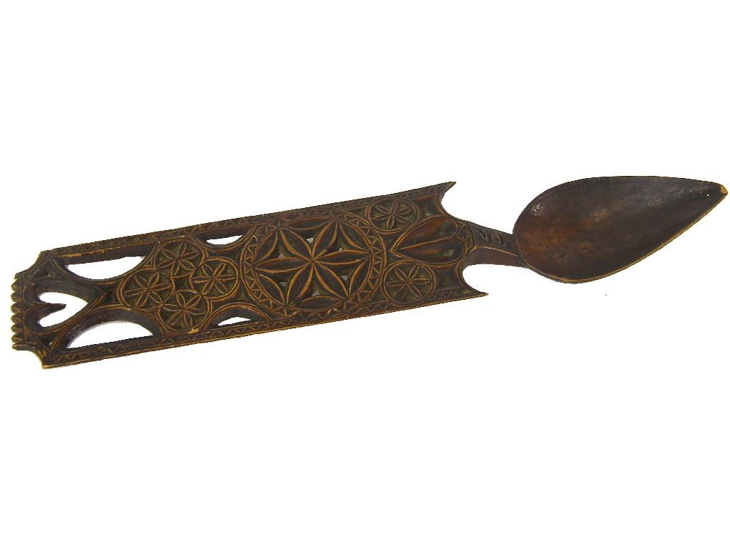 Appraisal: Antique Welsh loving spoon the decorative handle pierced and carved