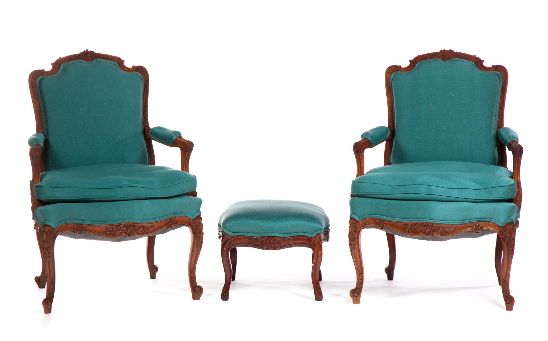 Appraisal: TWO FRENCH-STYLE ARMCHAIRS AND FOOTSTOOL Late th-early th century Floral