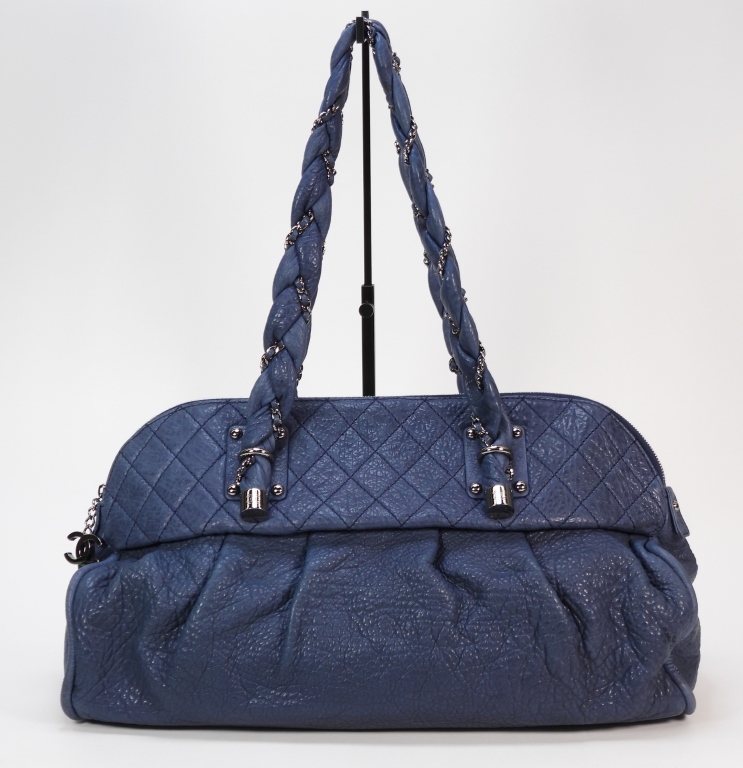 Appraisal: CHANEL BLUE LEATHER SHOULDER BAG Denim blue leather bag with