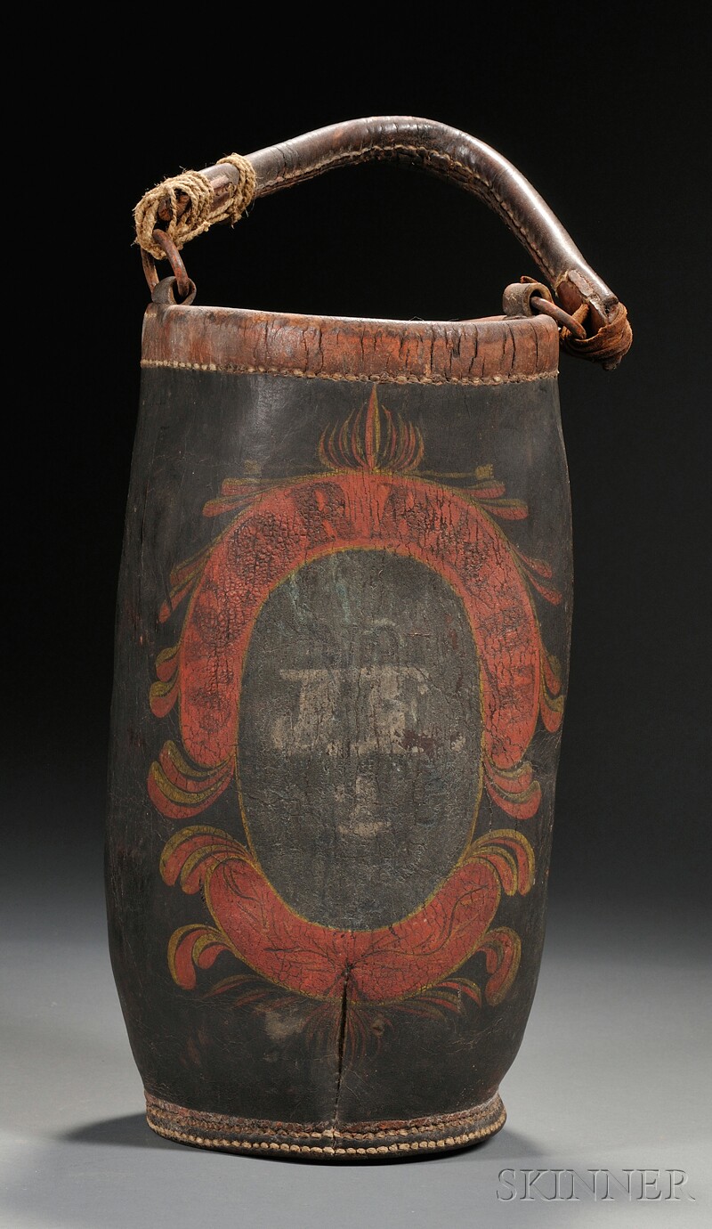 Appraisal: Polychrome Paint-Decorated Leather Fire Bucket probably New England early th