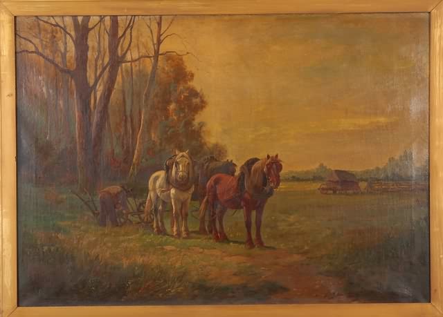 Appraisal: Scene with three horses and man attending to plow oil