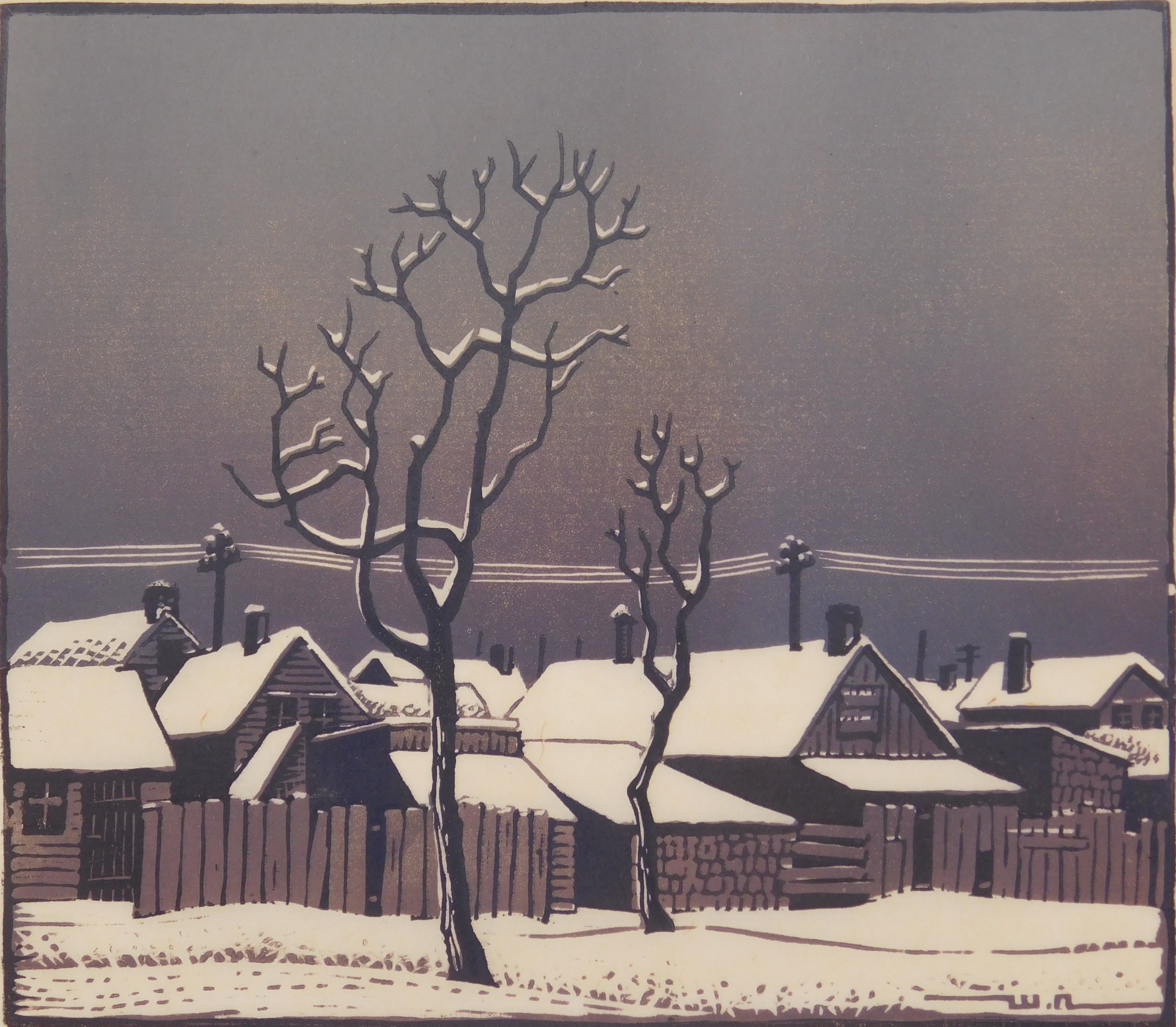 Appraisal: Woldemar Neufeld - Snow on The Roofs''- linocut in color