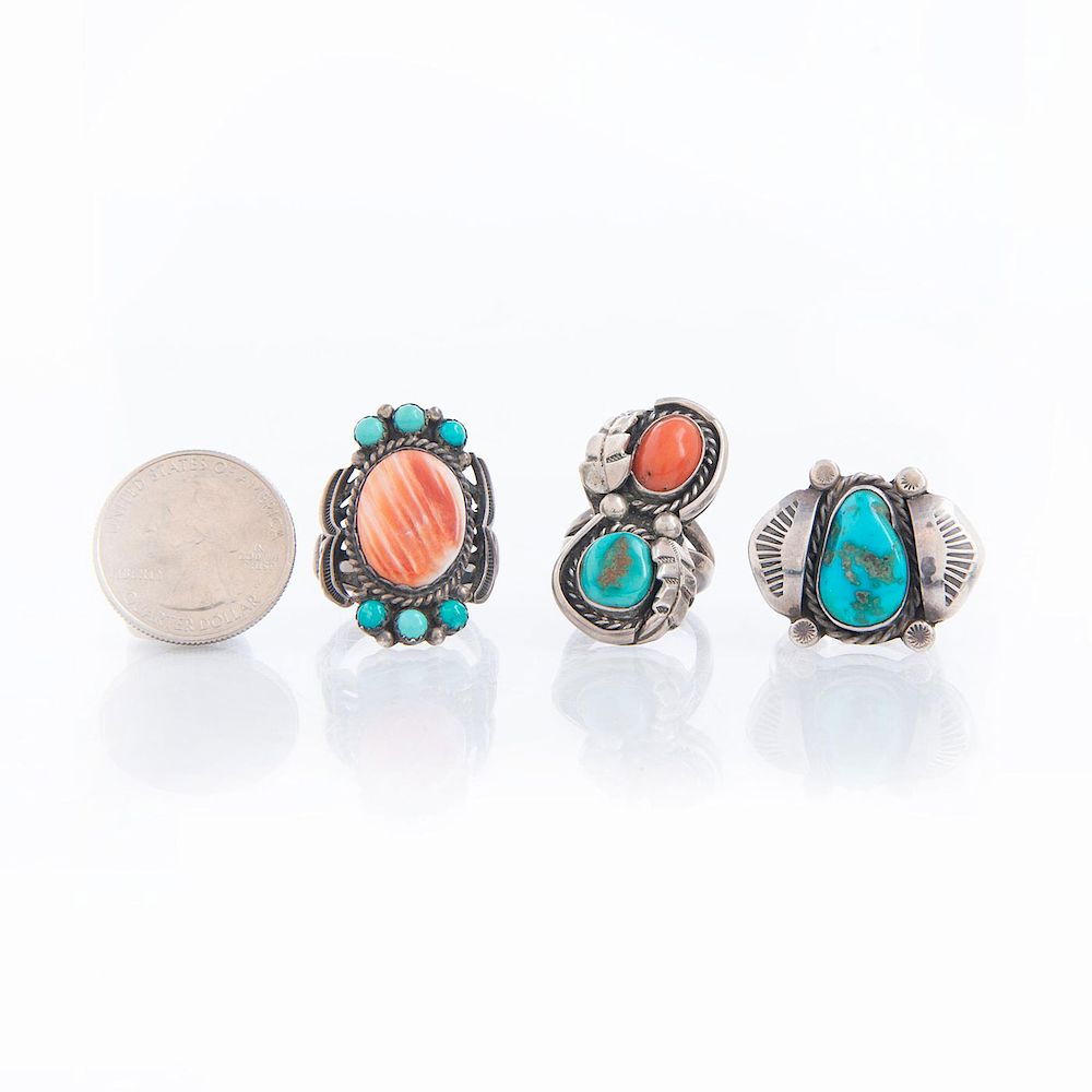 Appraisal: NATIVE AMERICAN SILVER TURQUOISE NATURAL STONE RINGS Turquoise natural coral