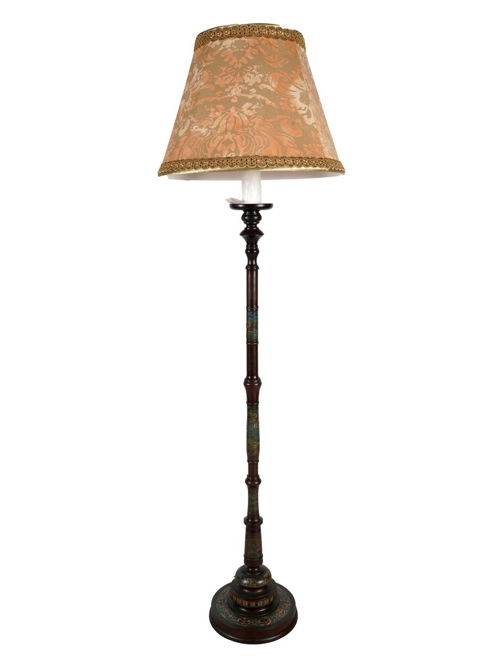 Appraisal: CHAMPLEVE TORCHIERE FLOOR LAMPwith Fortuny silk shade inches high Condition