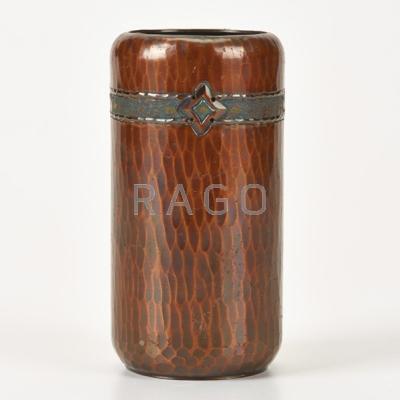 Appraisal: ROYCROFT Hammered copper cylindrical vase with closed-in rim in quatrefoil