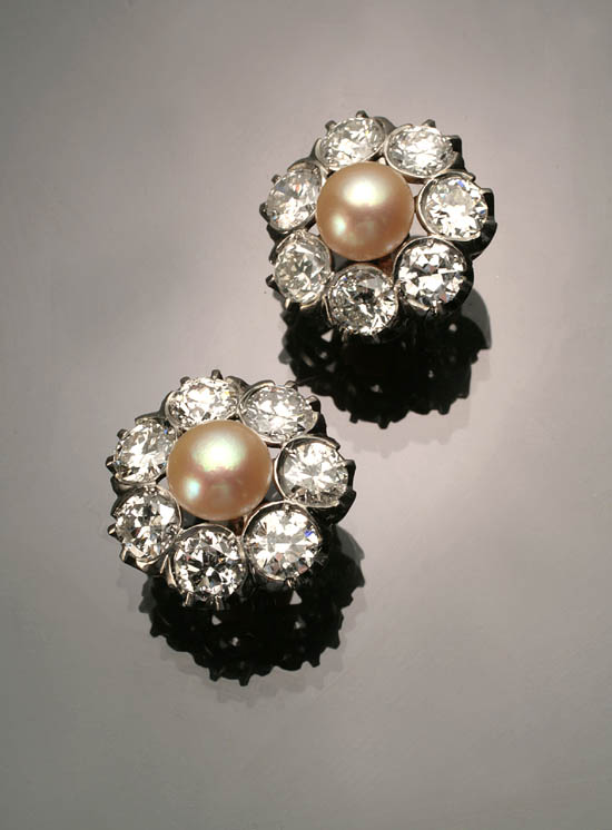 Appraisal: Pair of Tested -Karat White-Gold Cultured Pearl and Diamond Pierced