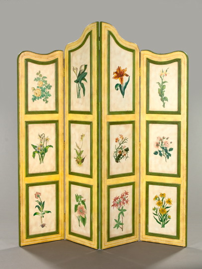 Appraisal: Tall French Provincial Floral-Polychromed Composition Four-Panel Folding Screen of Louis