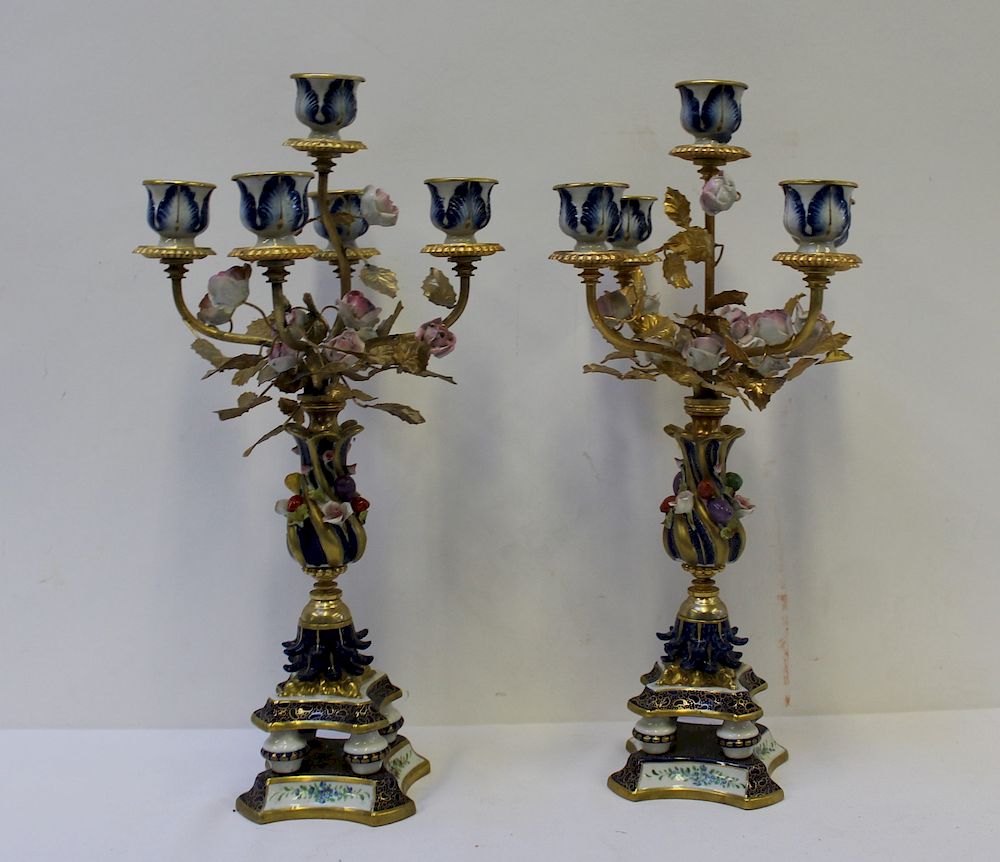 Appraisal: Pair of Fine Quality Sevres Porcelain Candelabra Nice pair with