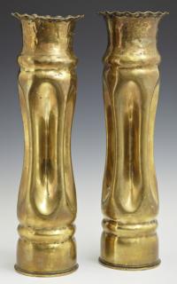 Appraisal: Pair of Brass Trench Art Vases c one with scalloped