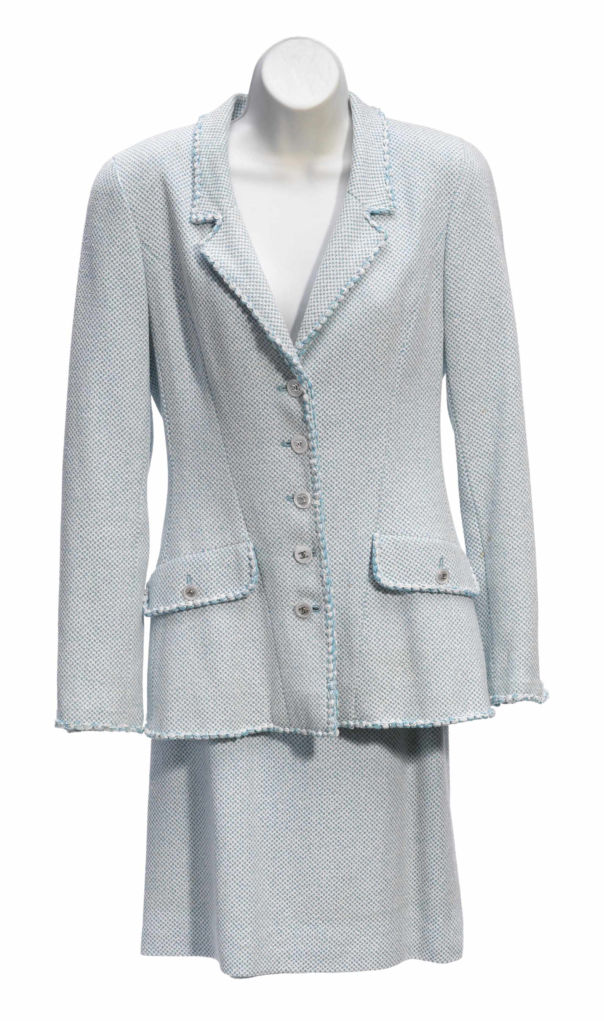 Appraisal: A Chanel turquoise and white jacket and skirt both size