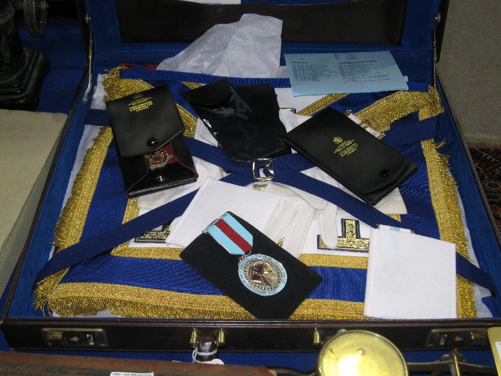 Appraisal: Lot comprising Masonic Aprons sash gloves medals and related ephemera