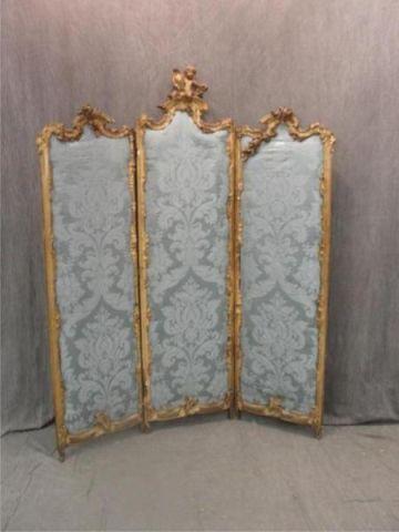 Appraisal: Panel Louis XV Style Giltwood Folding Screen With blue upholstered