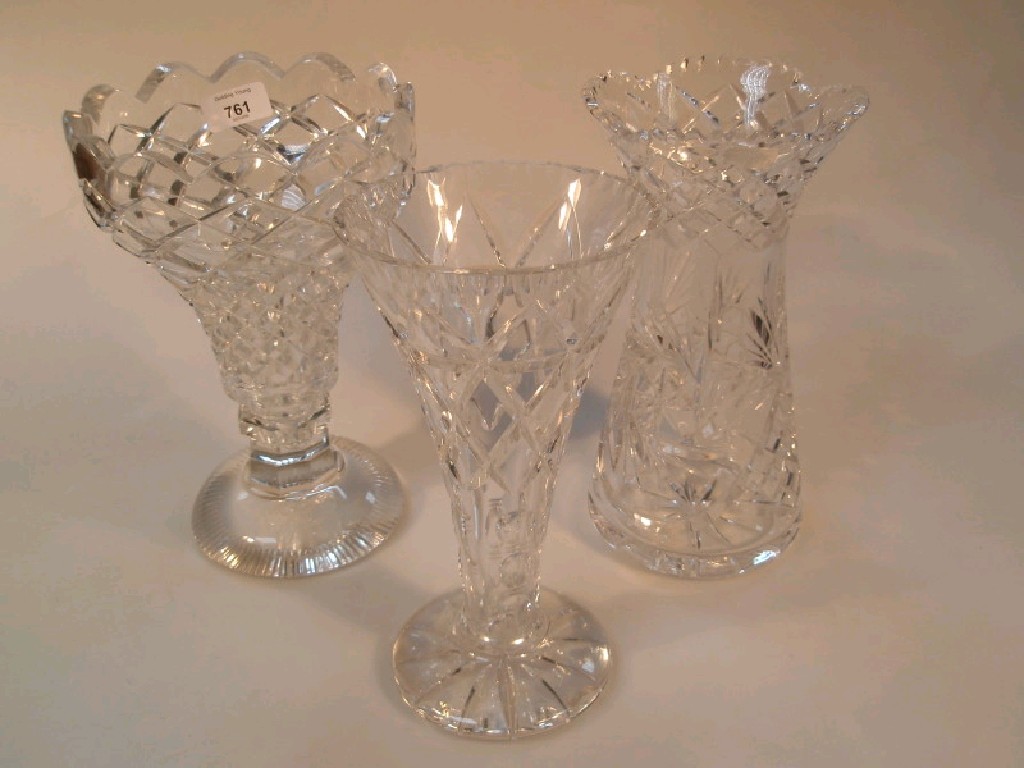 Appraisal: Three heavy cut glass flower vases