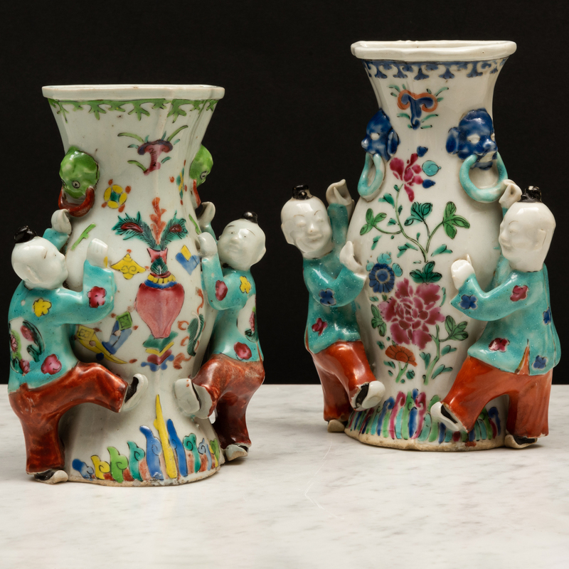 Appraisal: Two Chinese Famille Rose Porcelain Figural Wall Vases Unmarked x