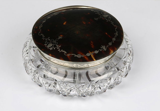 Appraisal: A SILVER LIDDED CUT GLASS JAR with inset tortoiseshell and