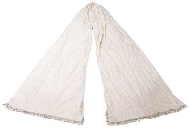 Appraisal: Monumental ivory silk damask bed canopy with tassel fringe loss