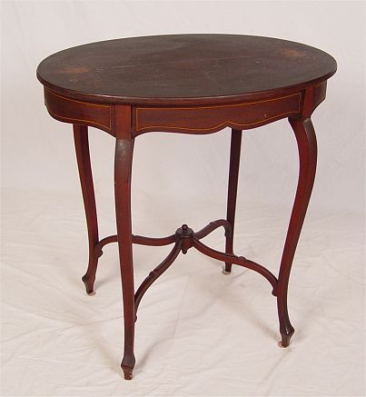 Appraisal: MARQUETRY INLAY MAHOGANY PARLOR TABLE Graceful cabriole legs joined by