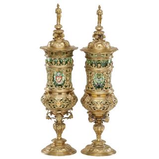 Appraisal: PAIR OF GILT BRONZE AND ENAMELED GLASS POKALS Each with